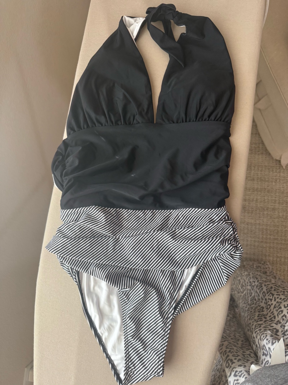 Black Halter One-Piece Swimsuit with Striped Skirted Bottom